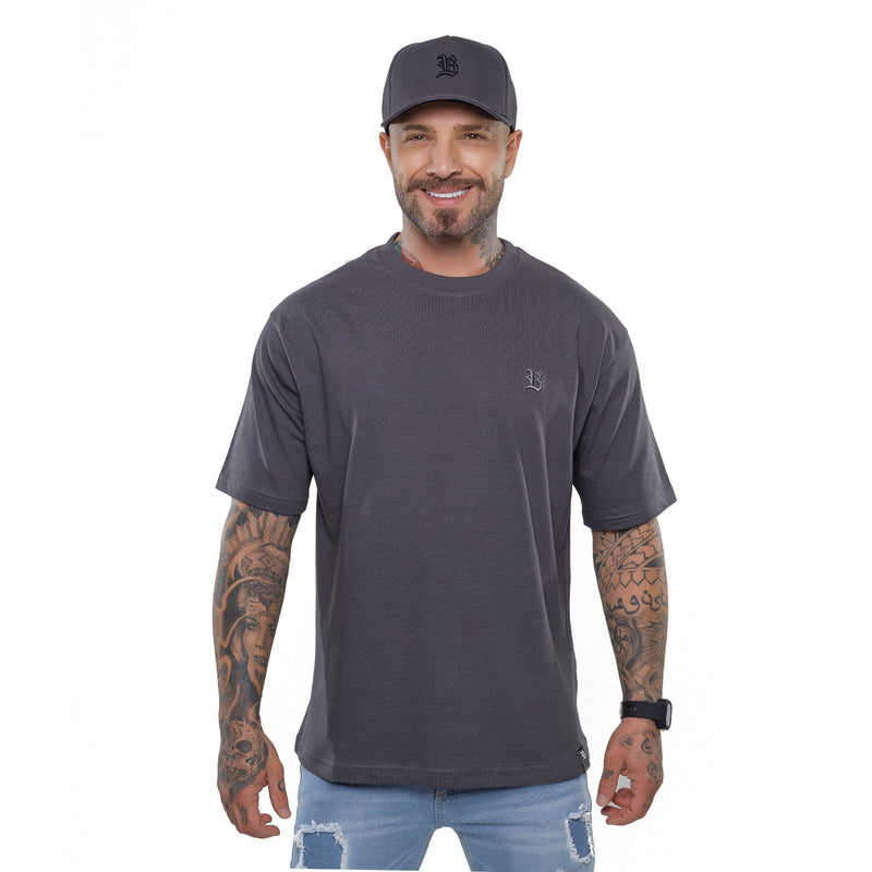 Camiseta Oversized Cinza Grafite Logo Bordado