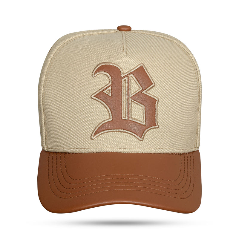 Boné Snapback Bege Aba Couro Marrom