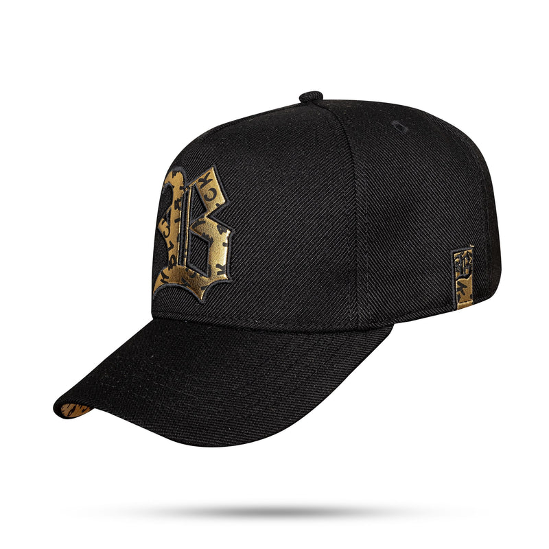 Boné Snapback Preto Logo Couro Blck Letras Dourado