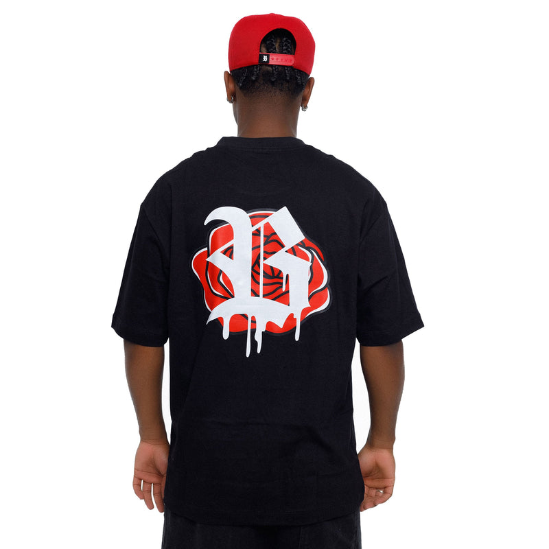 Camiseta Oversized Preta Hex Flower Red