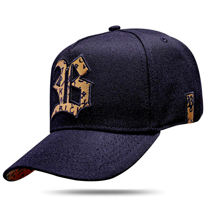 Boné Snapback Preto Logo Couro Blck Letras Dourado